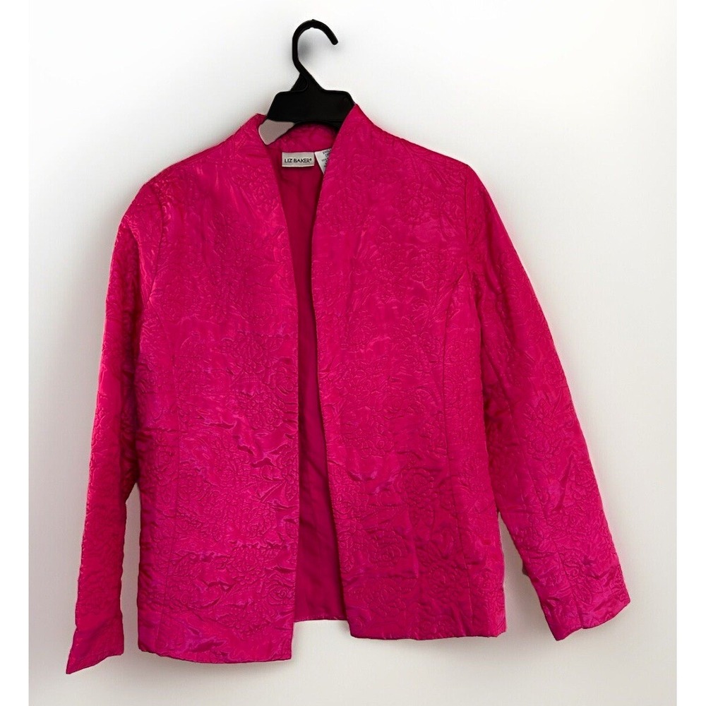Vintage Y2K Liz Baker Hot Pink Satin Quilted Embroidered Jacket Small Floral